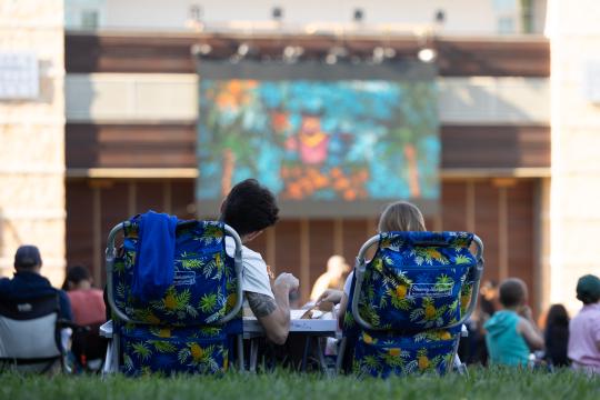 View of people watching a movie on the green lawn