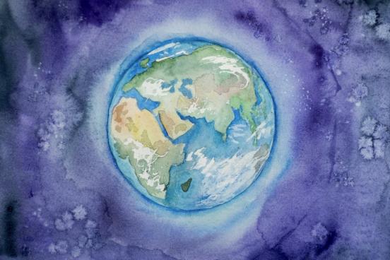 Illustration of eath with a violet background