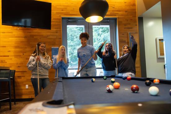 Group of students playing pool and cheering