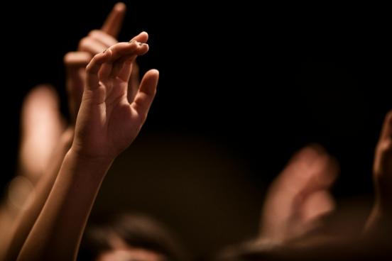 Raised hand participating in a conference