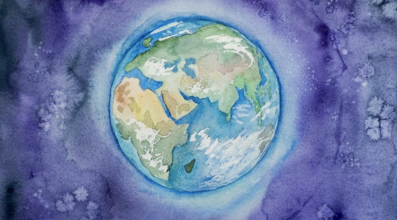 Illustration of eath with a violet background