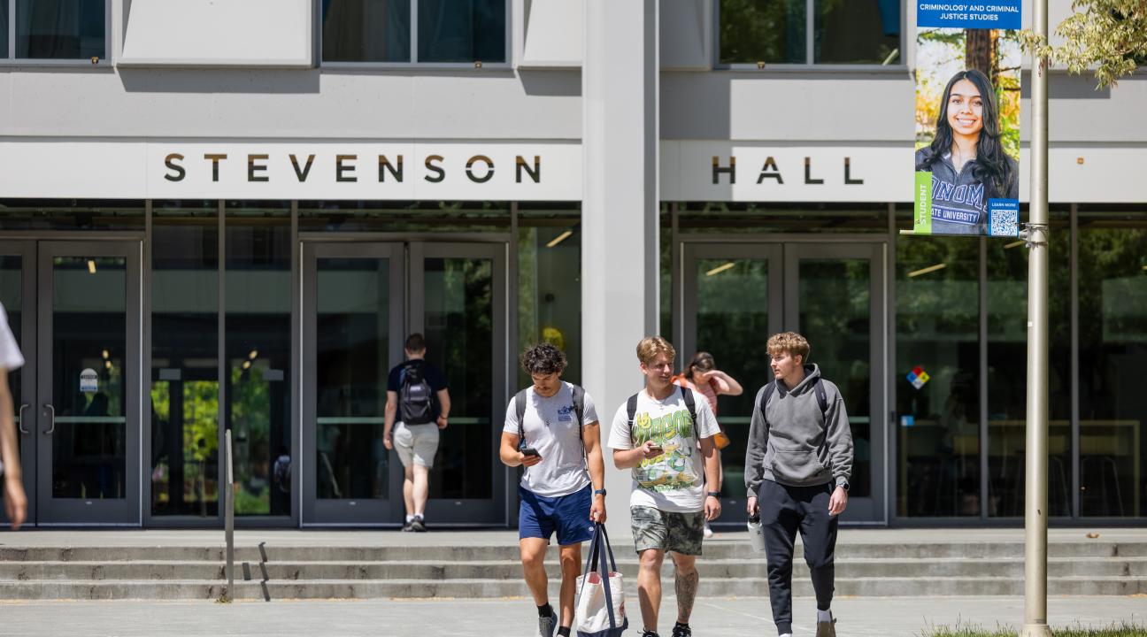 Students laughing outside stevenson hall