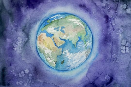 Illustration of eath with a violet background