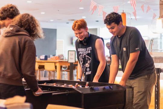 Siblings playing foosball