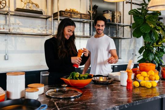 college students cooking together for valentine's day