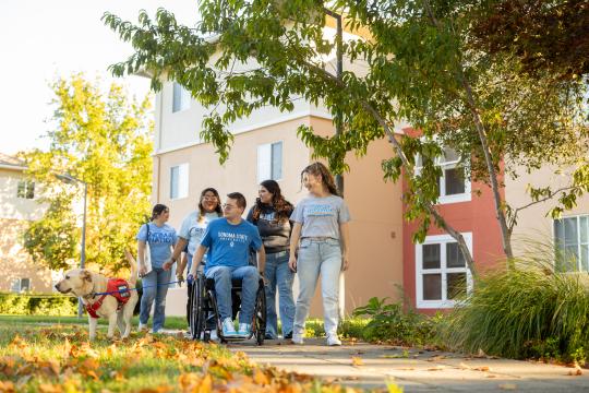 Students walking in front of Beaujolais housing at sonoma state