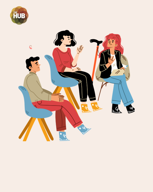 Three students in chairs discussing; one uses a crutch; Hub logo above.